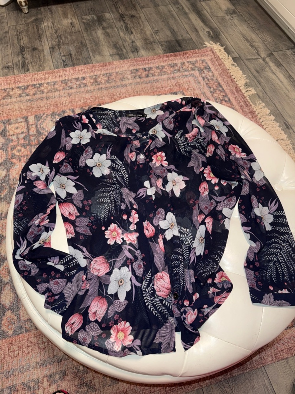 Navy Floral Tie-Front Button Down Women's Blouse